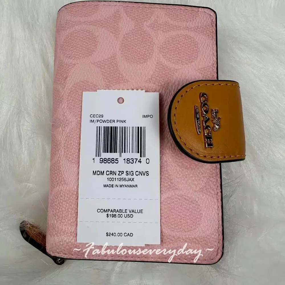 Coach Medium Corner Zip Wallet In Signature Canvas Gold/Powder Pink CEC29 NWT
